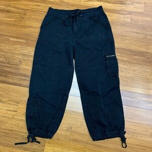 CLIO Cargo Pants Womens Size 10 Black Drawstring Waist Y2K Pockets Cotton Blend